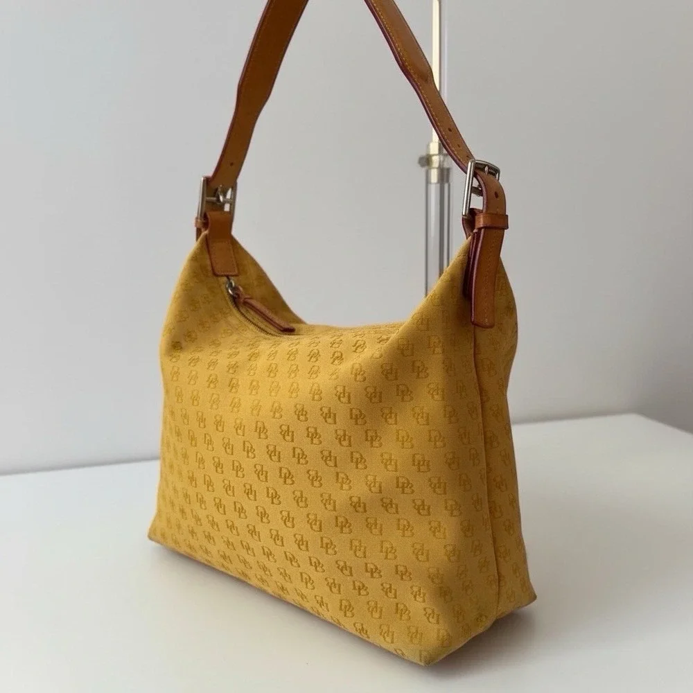 Dooney & Bourke Y2K Yellow Signature DB Monogram Canvas Hobo Shoulder Bag - Picture 2 of 11